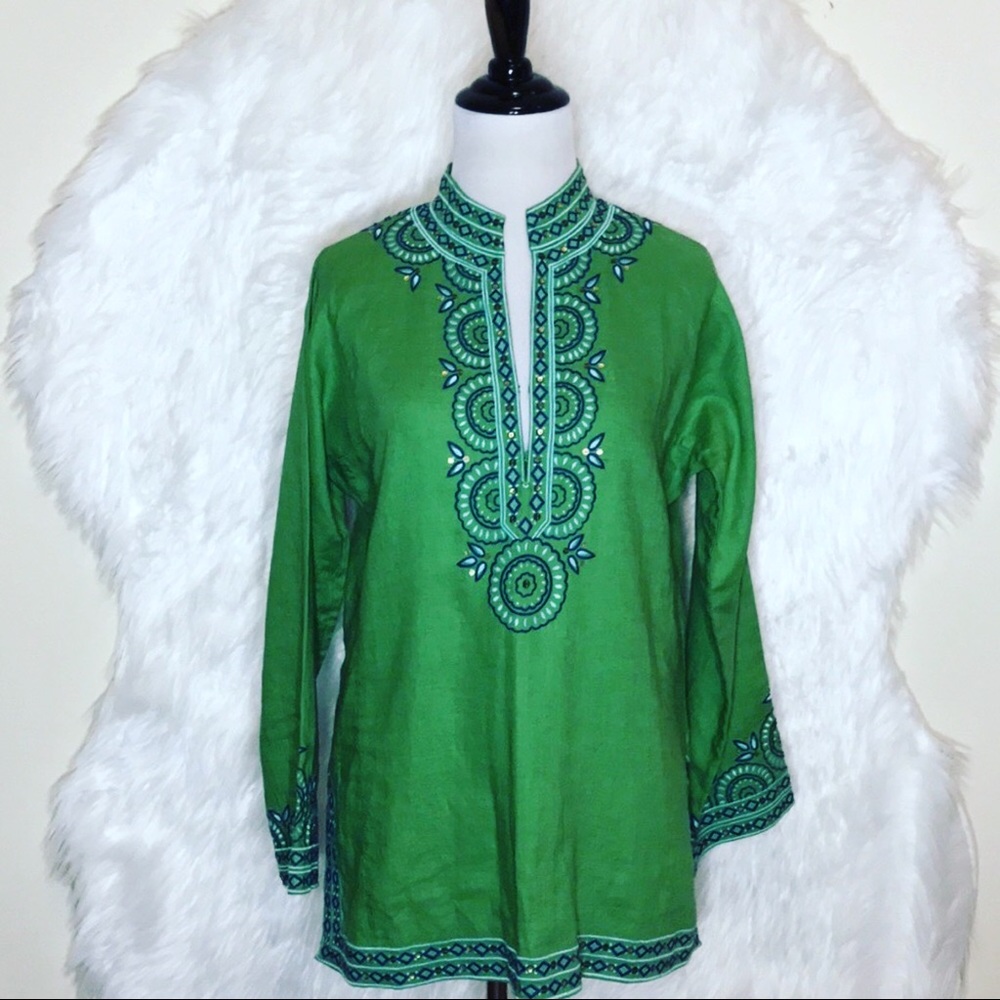 J.Crew Green Embroidered Sequin Linen Tunic
